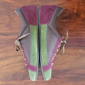 SALVATORE FERRAGAMO Suede and Stitches Sneaker Magenta Olive Green